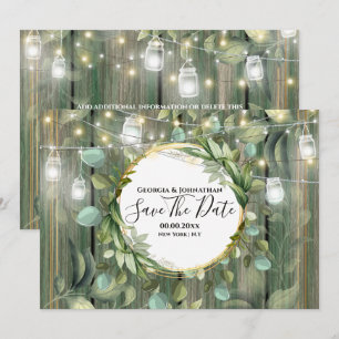 Save The Date Eucalyptus feuillage fil lumières pays bois