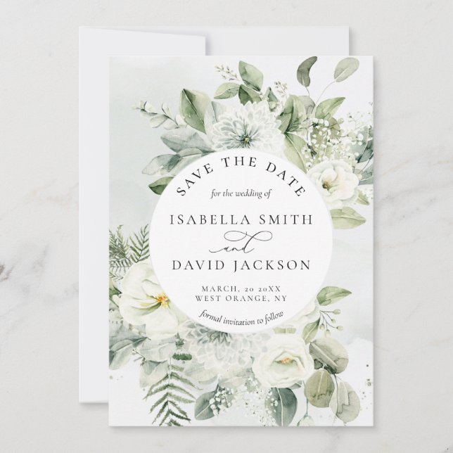 Save The Date Eucalyptus Feuillage Vert Sage Vert Floral Blanc (Devant)