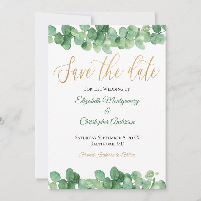 Save The Date Eucalyptus Feuille Gold Green tendance élégant (Devant)