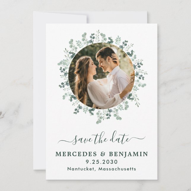 Save The Date Eucalyptus Fleurs Vertes Moderne Code QR Photo Mar (Devant)