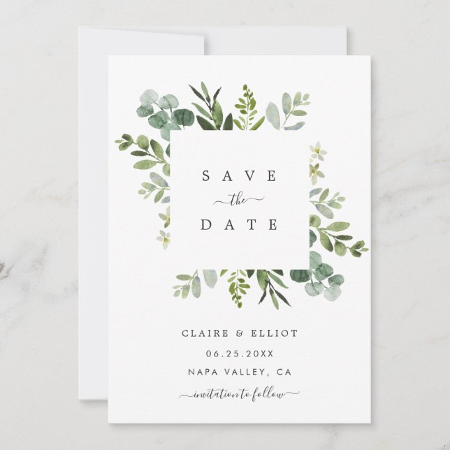 Save The Date Eucalyptus Foliage Carré Cadre Enregistrer la cart (Devant)