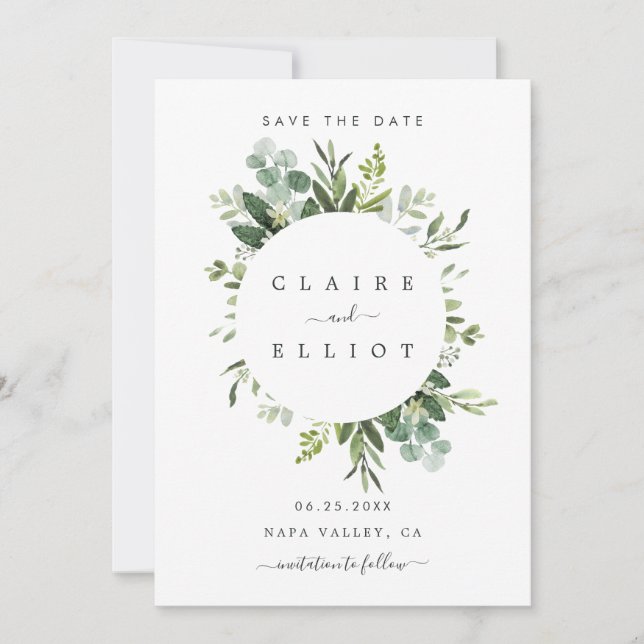 Save The Date Eucalyptus Foliage Circle Frame Enregistrer la car (Devant)