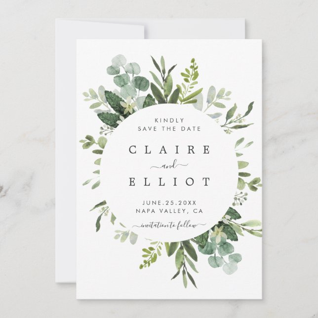 Save The Date Eucalyptus Foliage Circle Frame Enregistrer la car (Devant)