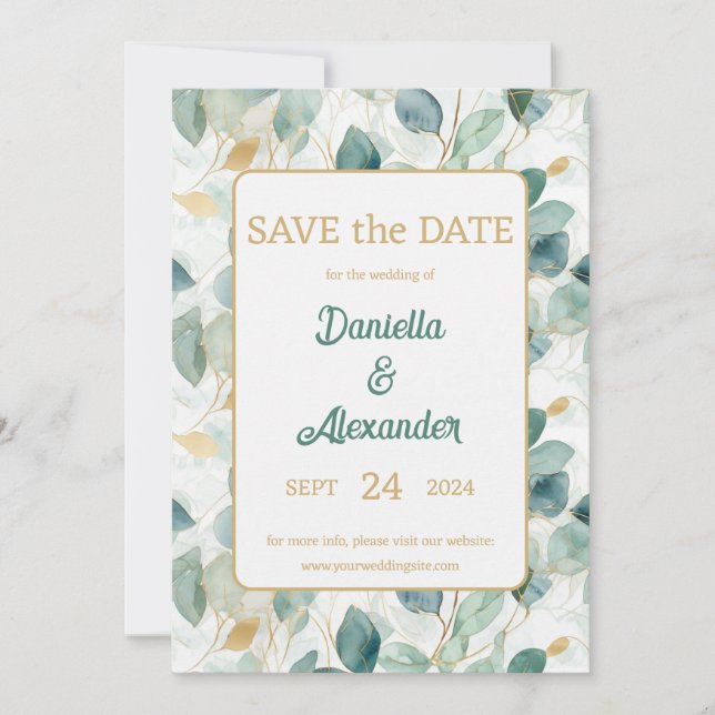Save The Date Eucalyptus Gold Aquarelle Sage Vert Floral (Devant)