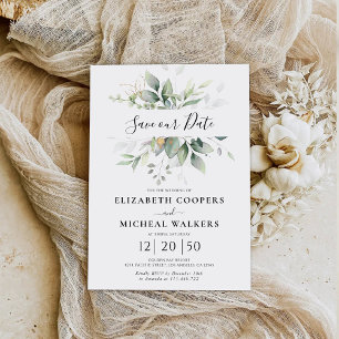 Save The Date Eucalyptus Gold Floral Green Enregistrer notre car