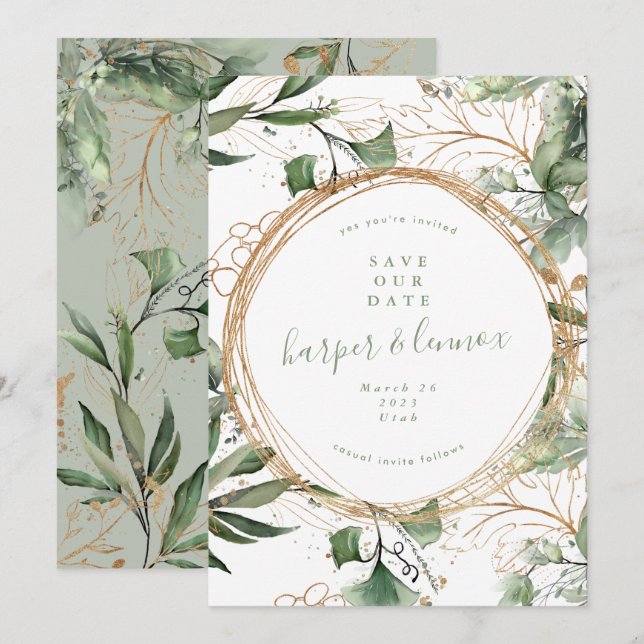 Save The Date Eucalyptus Golden Boho Moderne Automne Pampas Cerc (Devant / Derrière)
