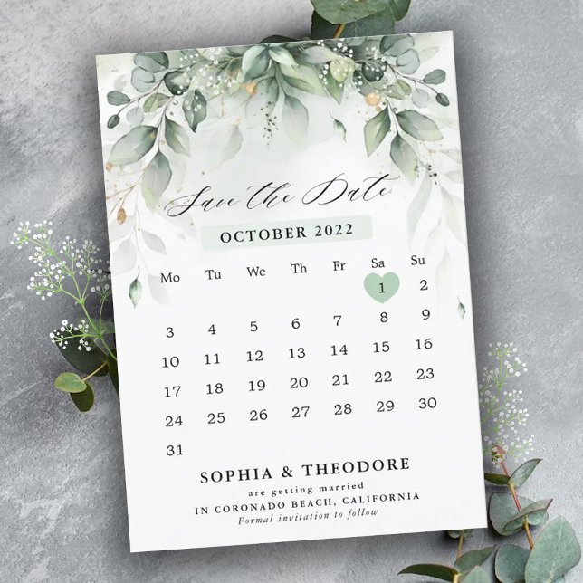 Save The Date Eucalyptus Gomme verte Botanique Calendrier rustiq (Créateur téléchargé)