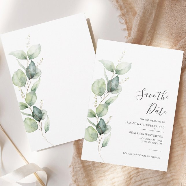 Save The Date Eucalyptus Green Foliage Mariage de script (Eucalyptus Greenery Foliage Script Wedding Save The Date)