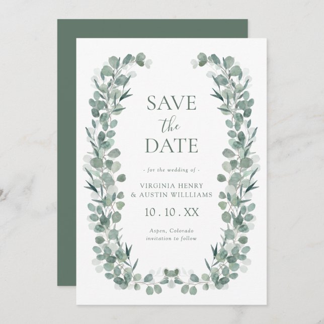 Save The Date Eucalyptus Photo Enregistrer La Date (Devant / Derrière)