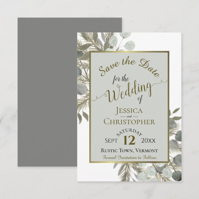 Save The Date Eucalyptus rustique et Mariage gris pin (Devant / Derrière)