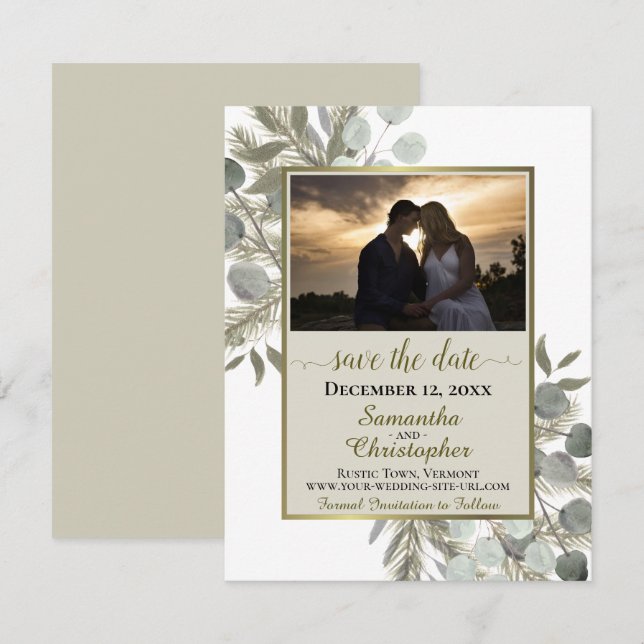 Save The Date Eucalyptus rustique et pin avec Mariage photo (Devant / Derrière)
