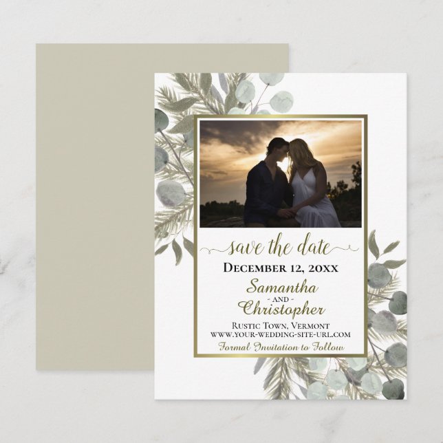 Save The Date Eucalyptus rustique et pin avec photo Mariage blan (Devant / Derrière)