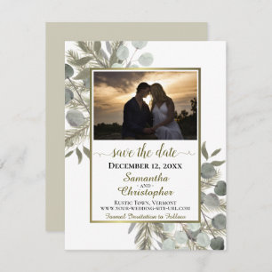 Save The Date Eucalyptus rustique et pin avec photo Mariage blan