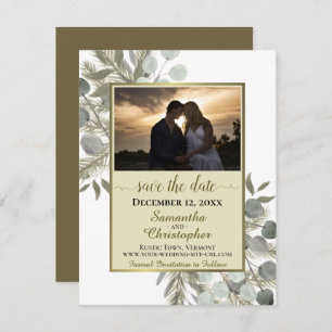 Save The Date Eucalyptus rustique et pin avec photo Mariage or