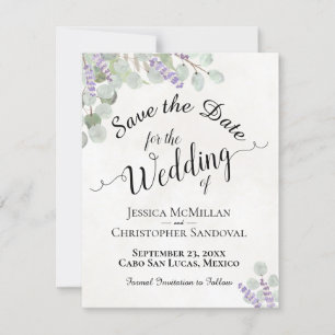 Save The Date Eucalyptus rustique & Lavande Elégant Mariage blan