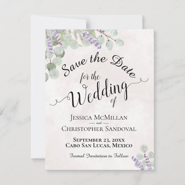 Save The Date Eucalyptus rustique & Lavande Élégant Mariage rose (Devant)