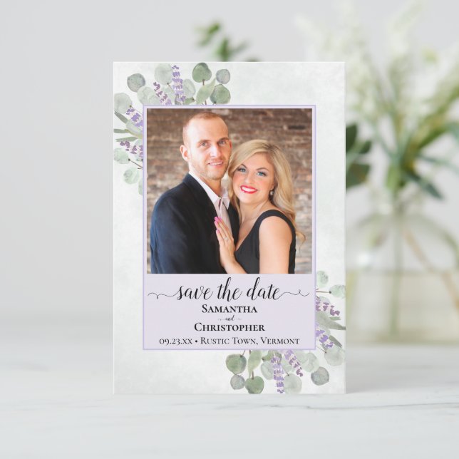 Save The Date Eucalyptus rustique & Lavande violet Mariage photo (Debout devant)