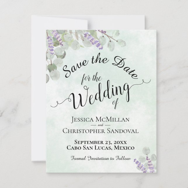 Save The Date Eucalyptus rustique & Lavender Elegant Mariage de  (Devant)