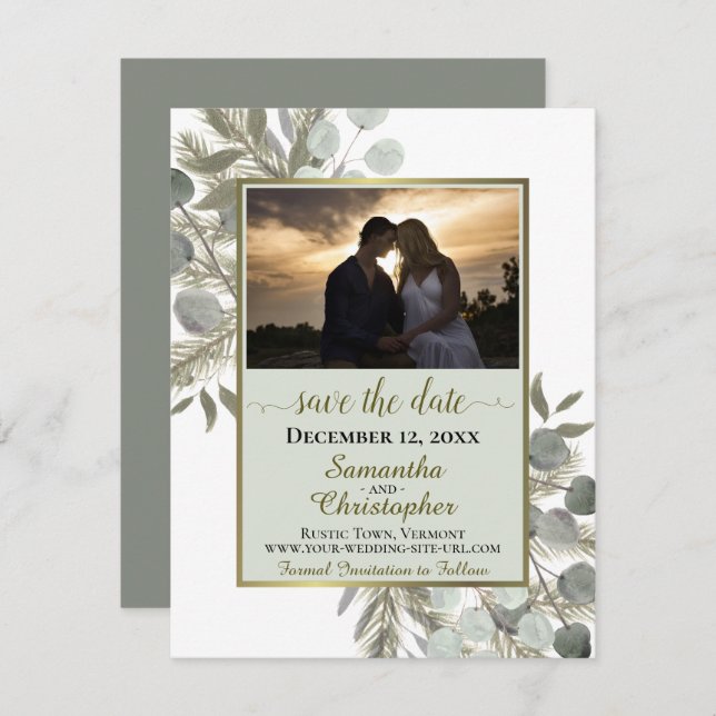 Save The Date Eucalyptus rustique & Pine avec Mariage Photo Sage (Devant / Derrière)
