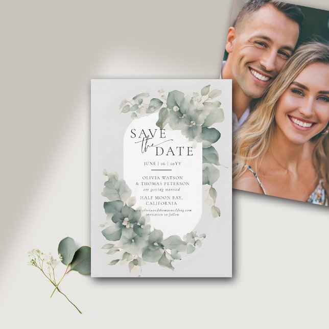 Save The Date Eucalyptus Verdure Élégant Rêveur Photo Mariage (eucalyptus wedding save the date photo watercolor dreamy modern elegant classic)