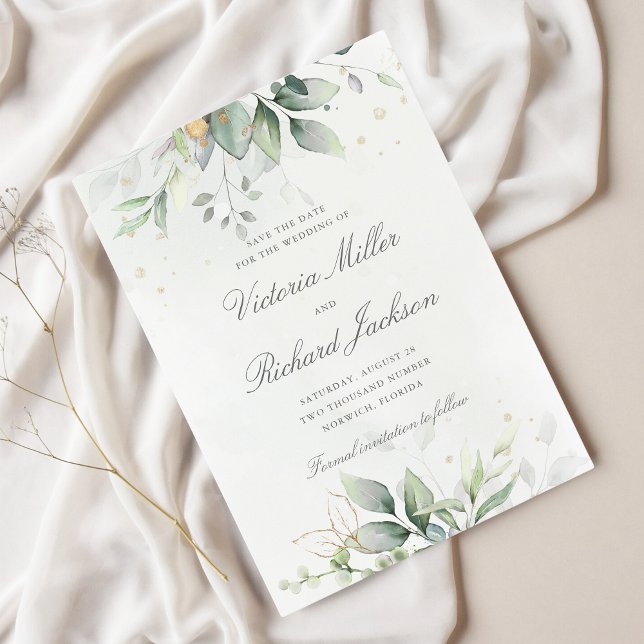 Save The Date Eucalyptus Verdure Or Feuilles mariage élégant (Créateur téléchargé)