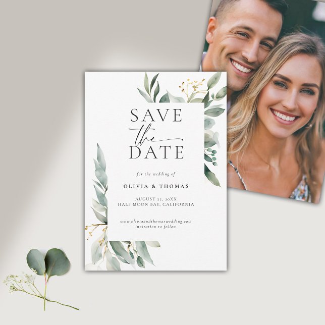 Save The Date Eucalyptus Verdure Or Moderne Mariage élégant (modern simple wedding save the date typography calligraphy eucalyptus greenery elegant frame)