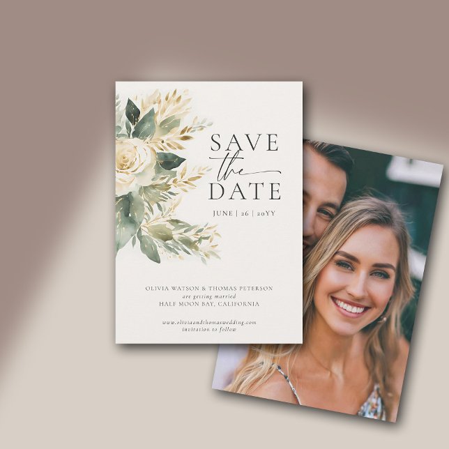 Save The Date Eucalyptus Verdure Or Vert Mariage élégant (eucalyptus wedding photo save the date white green gold watercolor modern classic elegant chic class)
