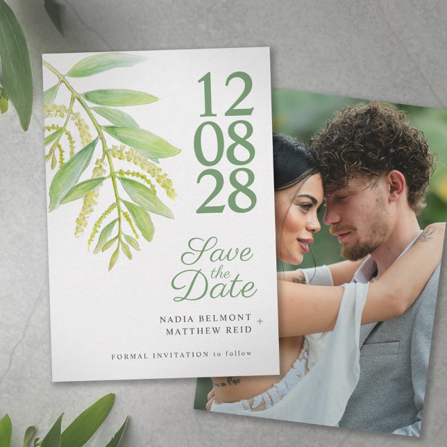 Save The Date Eucalyptus vert blanc photo mariage enregistrer la (Créateur téléchargé)