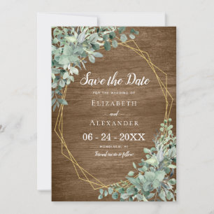 Save The Date Eucalyptus Vert Bois rustique Mariage géométrique