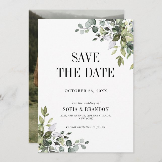 Save The Date Eucalyptus vert émeraude Rustique photo Mariage (Devant / Derrière)
