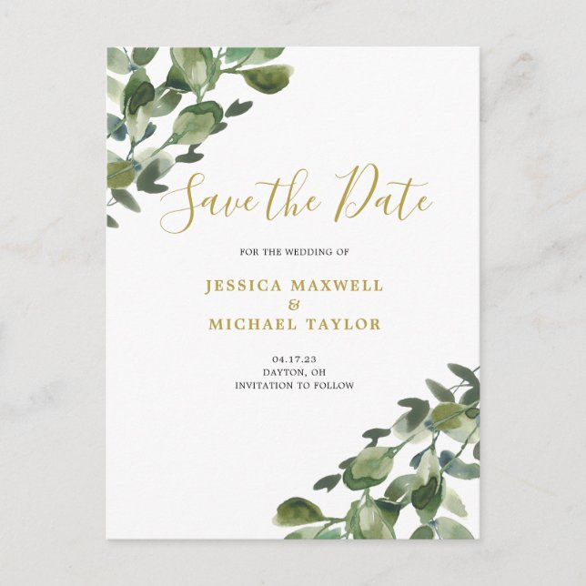 Save The Date Eucalyptus Watercolor  Announcement Postcard (Front)