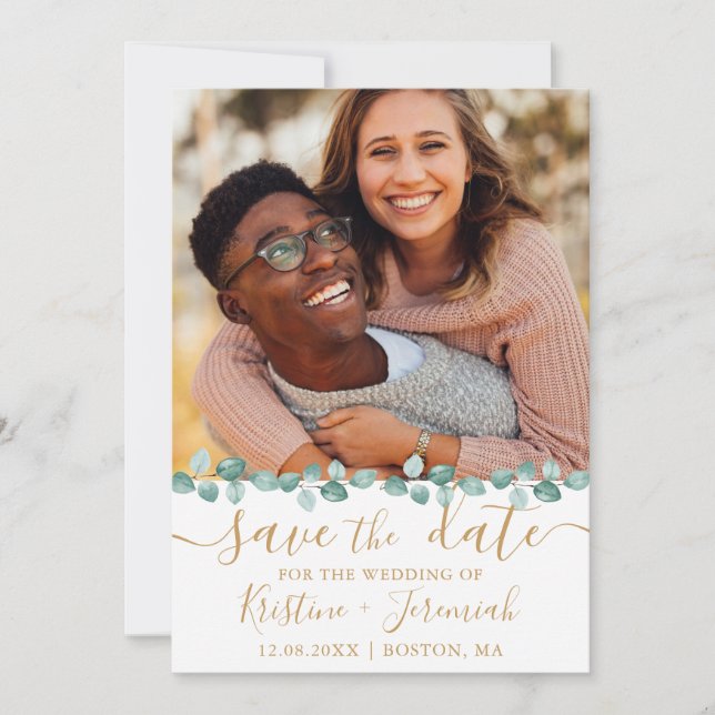 Save The Date Eucalyptus Watercolor Vine Gold Photo Mariage (Devant)