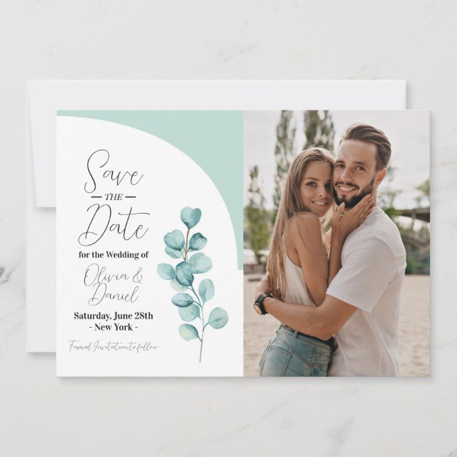 Save The Date Eucalyptus Wedding Leaves Photo (Front)
