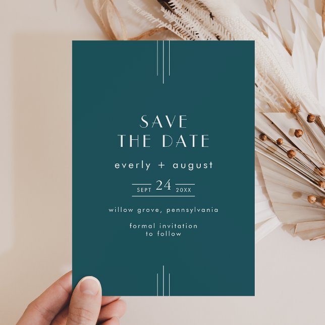 Save The Date EVERLY Simple Retro Art Deco Peacock Teal Wedding (EVERLY Simple Retro Art Deco Peacock Teal Wedding Save The Date)