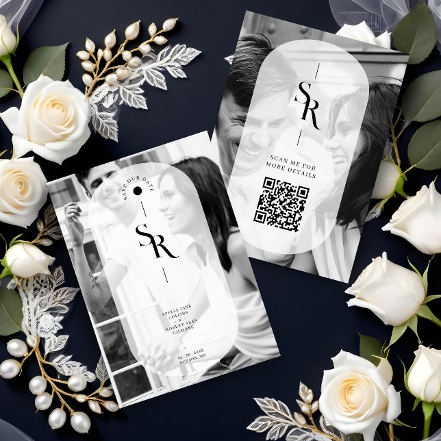 Save The Date Exquise Transparence Vellum Noir Blanc Initiales (Exquisite Delicate Vellum Transparency Elegant Black & White Wedding Initials 2 Photos Save the Date)
