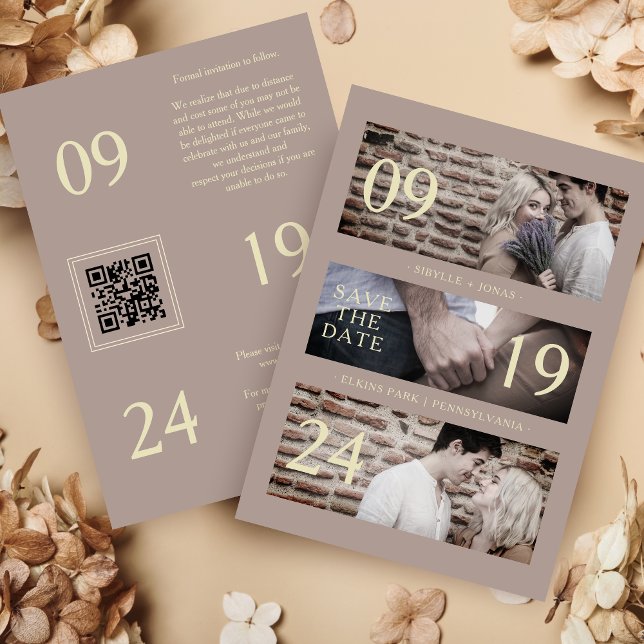 Save The Date Exquisite Brown Gold Trend Modern 3 Wedding Photos (Exquisite Brown & Faux Gold Trendy Modern 3 Wedding Photos Collage Save the Date with Envelope. )