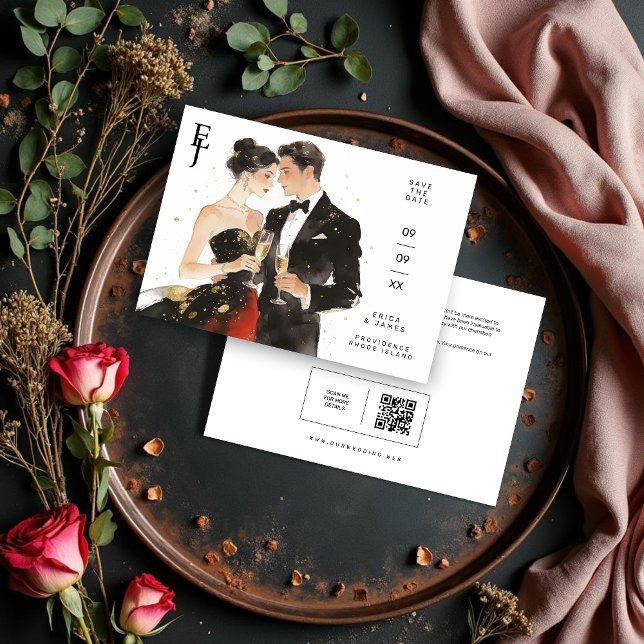 Save The Date Exquisite Glamorous Black & Gold Couple Wedding (Exquisite Black & Gold Couple Artwork Wedding Save the Date Card Featuring Initials and Back QR Code)