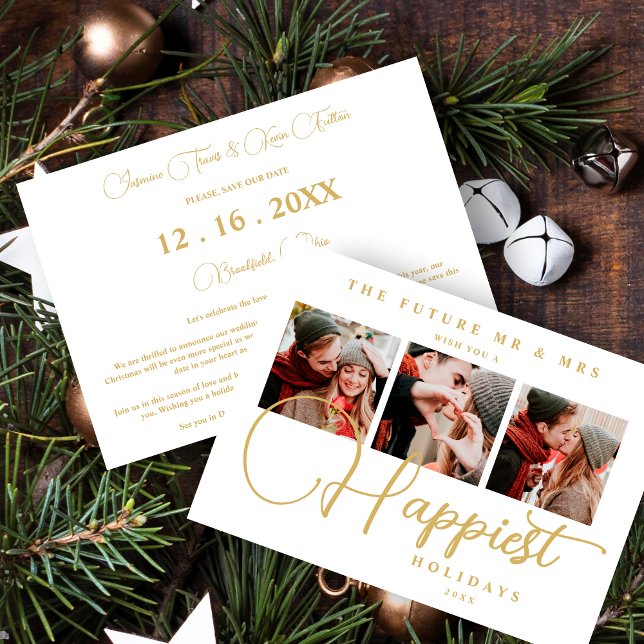 Save The Date Exquisite Sophisticated Wedding Christmas 3 Photos (Exquisite Sophisticated Wedding Christmas 3 Photos in Fake Gold Holiday Card as a Save the Date Card)