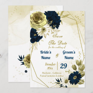 Save The Date Extraordinaire marine bleu ivoire fleurs or géomét