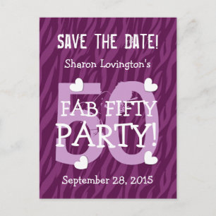 Save the Date FAB 50 Birthday V50A PURPLE ZEBRA Announcement Postcard