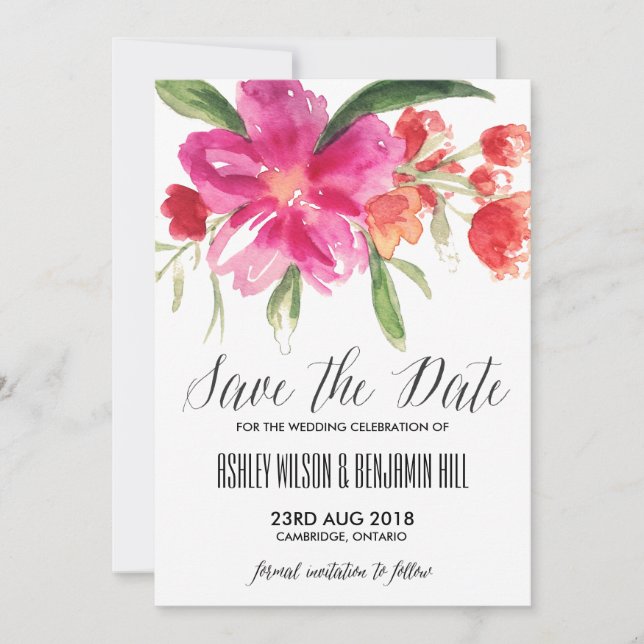 Save The Date Faire part d'annonce de mariage à l'aquarelle rose (Devant)