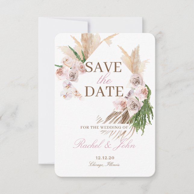 Save The Date Faire part de Boho Pampas Grass Blush Floral (Devant)