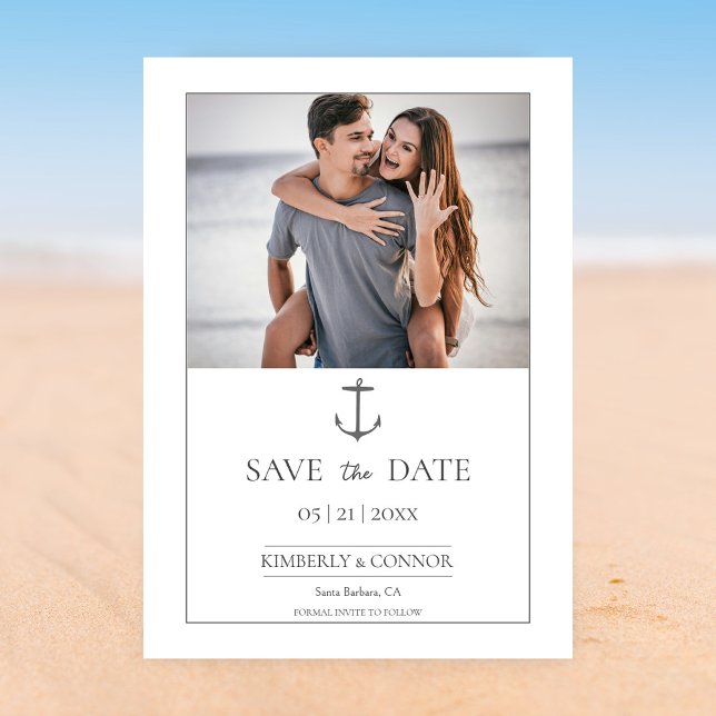 Save The Date Faire part de date de mariage avec photo et ancre  (White Simple Nautical Anchor Photo Save the Date)
