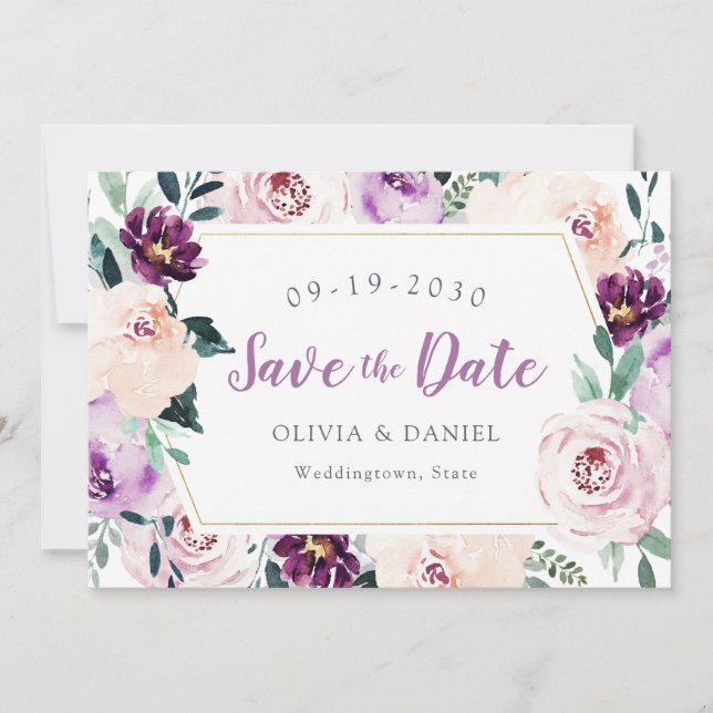 Save The Date Faire part de fleurs botaniques violettes en fleur (Devant)