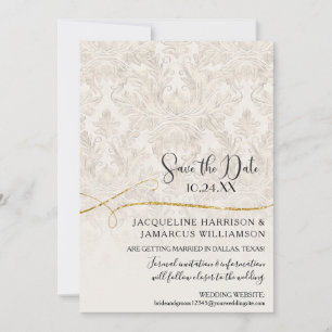 Save The Date Faire part de Gilded Scroll Damask ivoire or