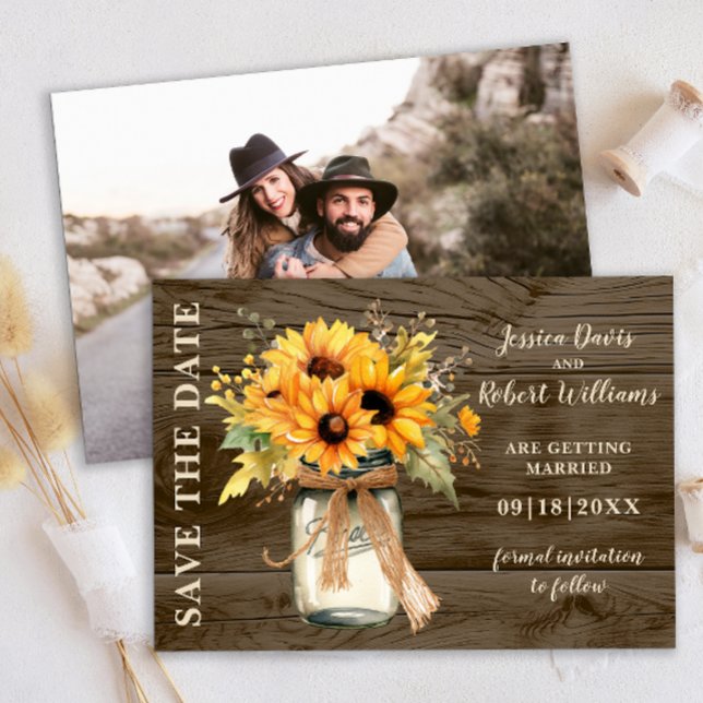 Save The Date Faire part de mariage à conserver au jar Sunflower (Rustic Sunflowers String lights save the date )