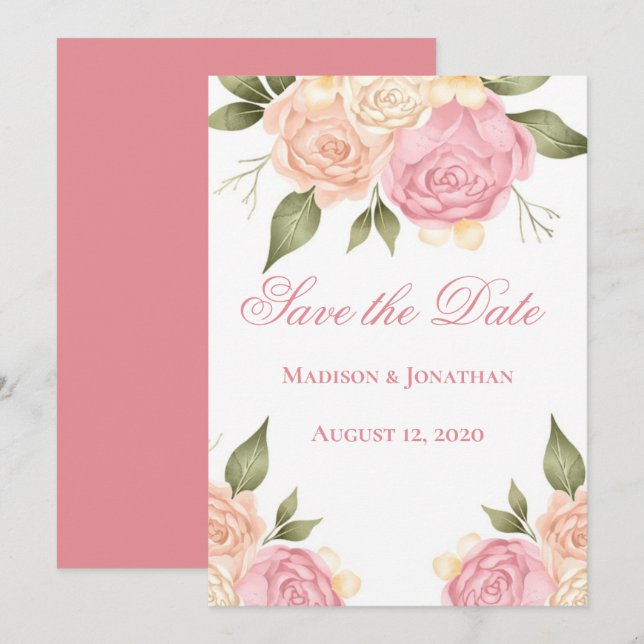 Save The Date Faire part de mariage à l'aquarelle florale rose (Devant / Derrière)
