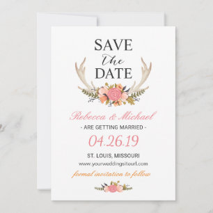 Save The Date Faire part de mariage bohème à cornes en blanc flo