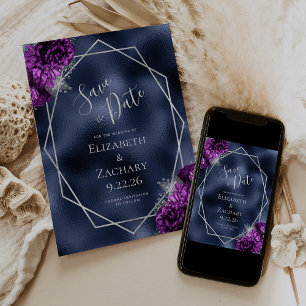 Save The Date Faire part de mariage floral argenté violet sur fo