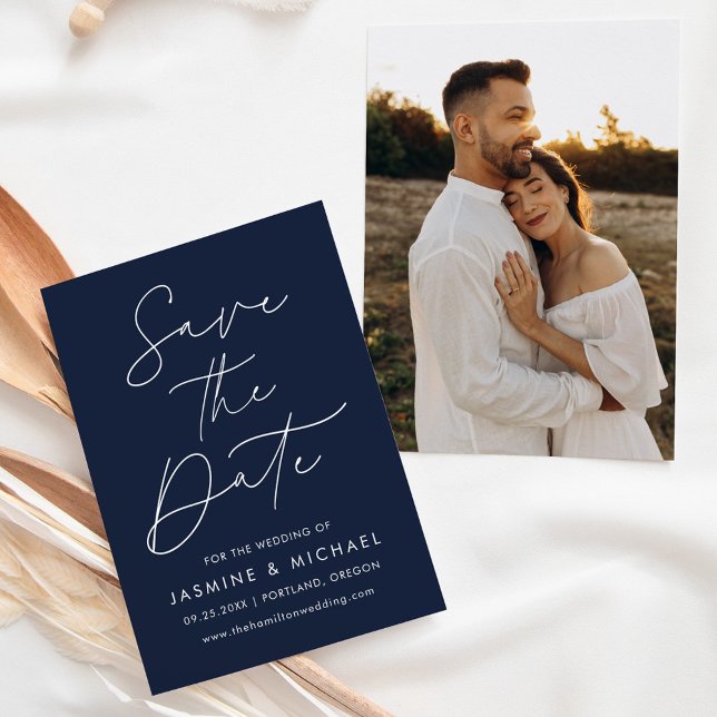 Save The Date Faire part de mariage Navy Modern Script (Créateur téléchargé)